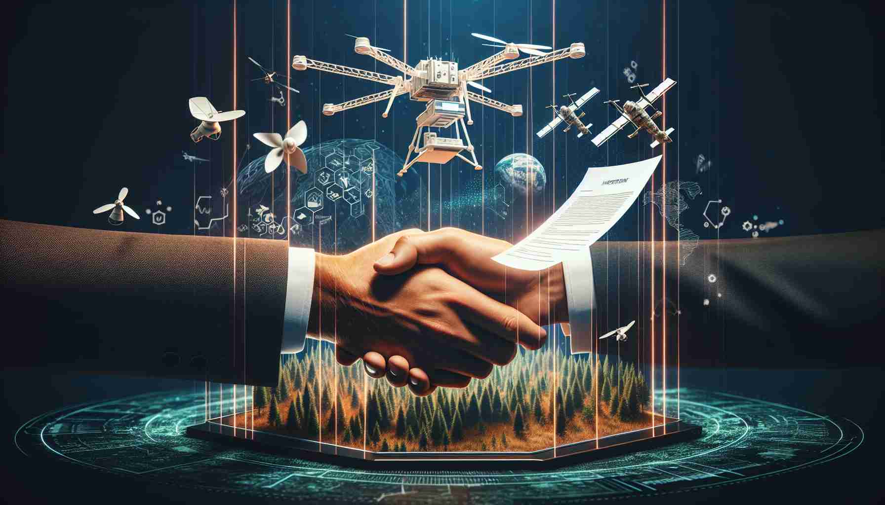 Let's imagine a high-definition realistic image that encapsulates the concept of innovative technology receiving a major investment for wildfire prevention. You would see a hand shaking over a document, symbolizing the investment agreement, while showcasing an innovative piece of tech - perhaps an advanced drone or satellite dedicated to tracking and preventing wildfires. There might also be visual elements such as forest images in the background or on the screens of the illustrated technology, indicating the direct use of this technology for forest protection.