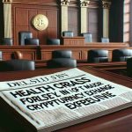 A high-definition, realistic depiction of a newspaper headline stating 'Health Crisis Forces Delay in Trial of Major Cryptocurrency Exchange Executive'. Supplement this scene with the visual of an empty courtroom suggestive of the said delay.