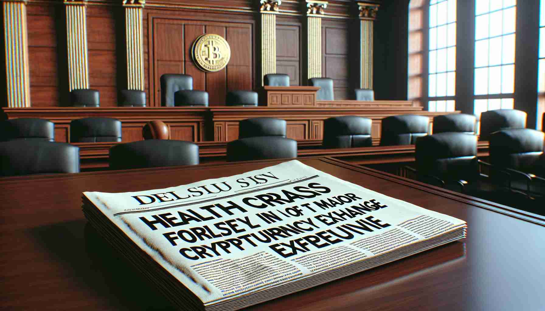 A high-definition, realistic depiction of a newspaper headline stating 'Health Crisis Forces Delay in Trial of Major Cryptocurrency Exchange Executive'. Supplement this scene with the visual of an empty courtroom suggestive of the said delay.