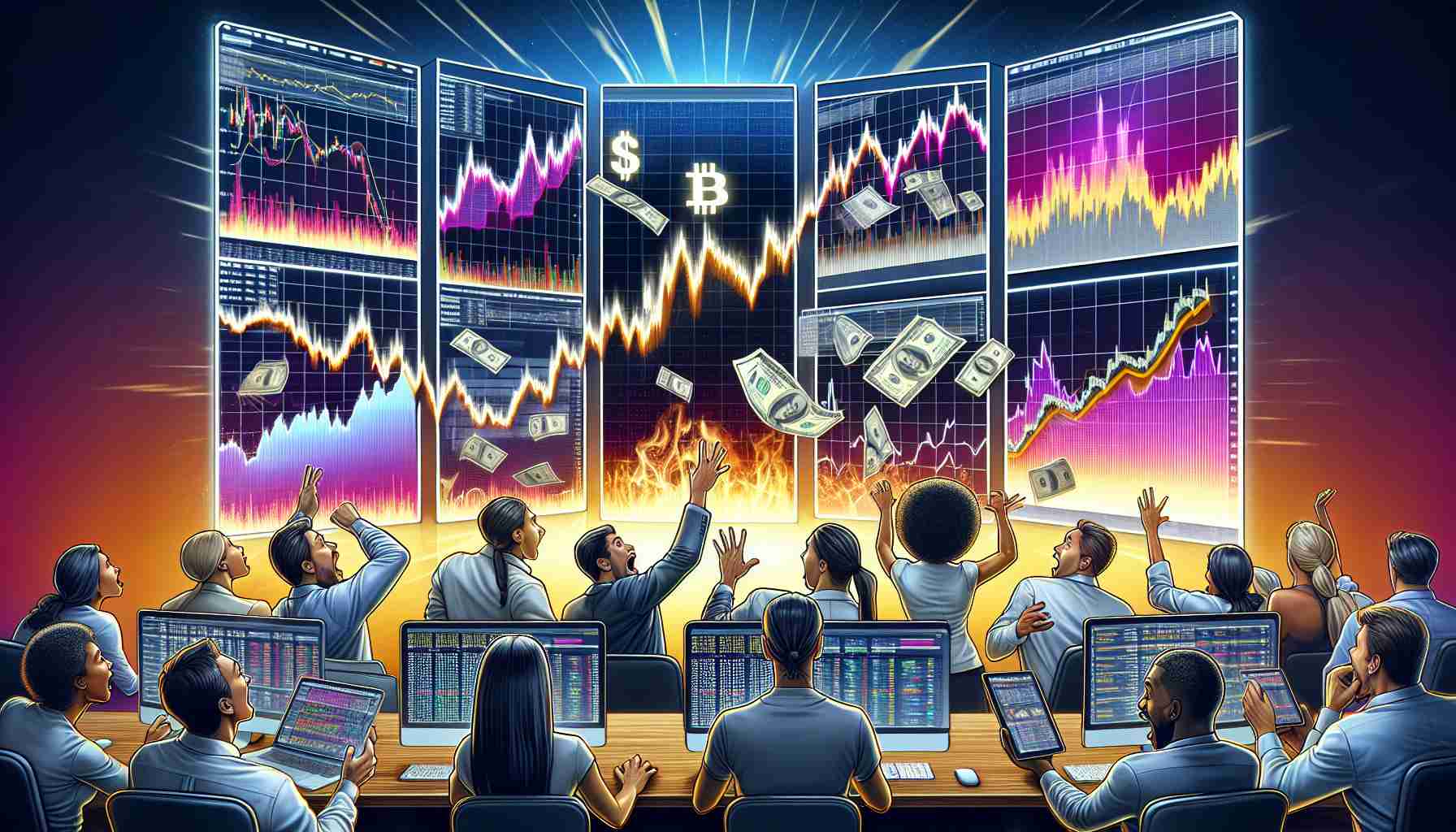 A high-definition, realistic depiction of a digital asset investment scenario experiencing a drastic change. The image could feature multiple screens displaying varying cryptocurrency charts demonstrating wild variations and shifts. One screen may show a decreasing trend while another might be skyrocketing, embodying the unpredictable nature of the crypto market. Also, depict a diverse group of investors reacting to these shifts. Include a Caucasian woman looking shocked at a computer screen, a Hispanic man enthusiastically pointing at a rising graph, and a Black man reflecting on graphs displayed on his tablet.