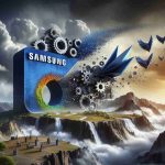 A realistic, high-definition visual representation of the concept of Samsung Electronics facing potential challenges and committing to making strategic changes. This could be shown through representations such as a large Samsung logo on a dramatic landscape emphasizing the complex terrain of challenges, coupled with symbols of change and progression like a transforming origami bird or evolving gears.