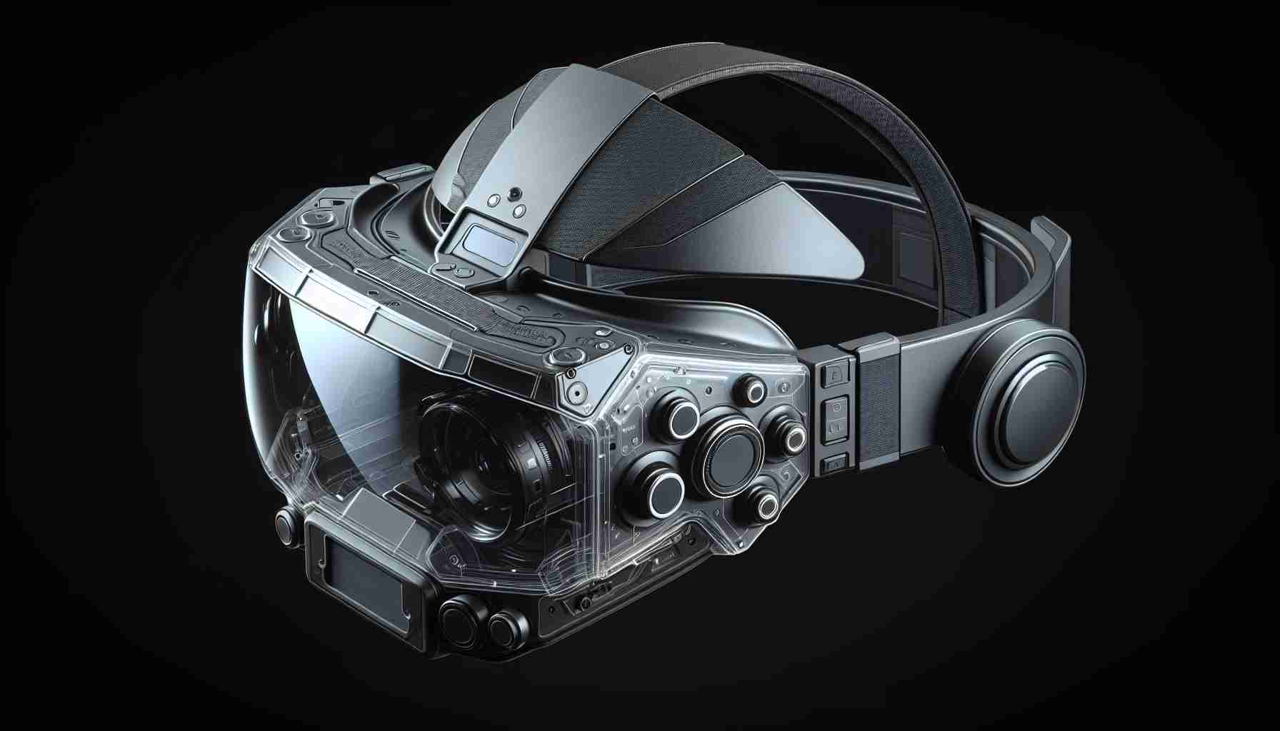 A detailed depiction of a futuristic XR (Extended Reality) headset, intended to represent an uncertain future. The headset is sleek with translucent visor and equipped with multiple sensors. Imagery should evoke feelings of uncertainty regarding the evolution and potential applications of such technology. This device is a generic embodiment of advanced technology, not associated with a specific company or existing product.