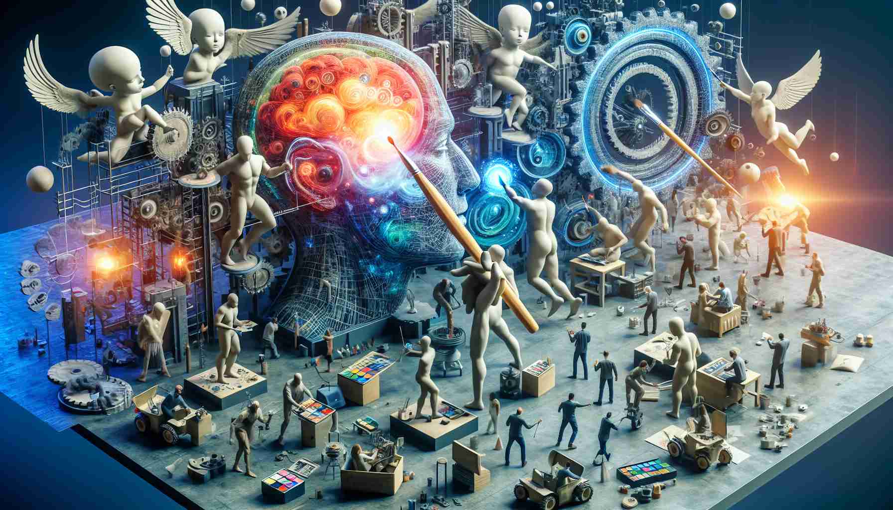 Imagine a metaphorical interpretation of creative minds coming together to tackle the cunning strategies employed by artificial intelligence. The scene captures various gigantic figures, each representing a different creative profession, working in harmony. They are a part of a large machinery, a testament to collective intelligence and creativity, against the backdrop of a futuristic landscape dominated by representations of AI technology.