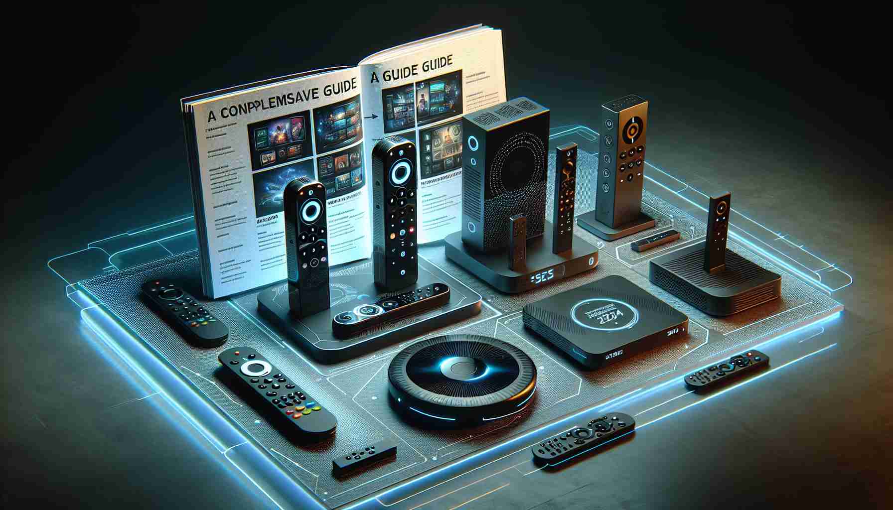 Generate a realistic and high-definition illustration showcasing the top streaming devices projected for the year 2024. These might include futuristic looking media streaming sticks, high-end boxes with various ports, or compact devices with voice control capabilities. A guidebook is also displayed beside them titled 'A Comprehensive Guide', which contains vital information about each featured device. The scene is set on a sleek, modern table under balanced studio lighting, emphasizing the devices and the guidebook.