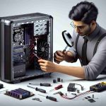 High-definition, realistic rendering of a person with South Asian descent and male in gender, inspecting and troubleshooting a generic black cylindrical desktop computer inspired by the design philosophy of early 2010s. He is using various tools like screwdrivers, magnifying glass, and multimeter. The hardware components, including the motherboard, RAM, hard drive, and processor should be clearly visible.