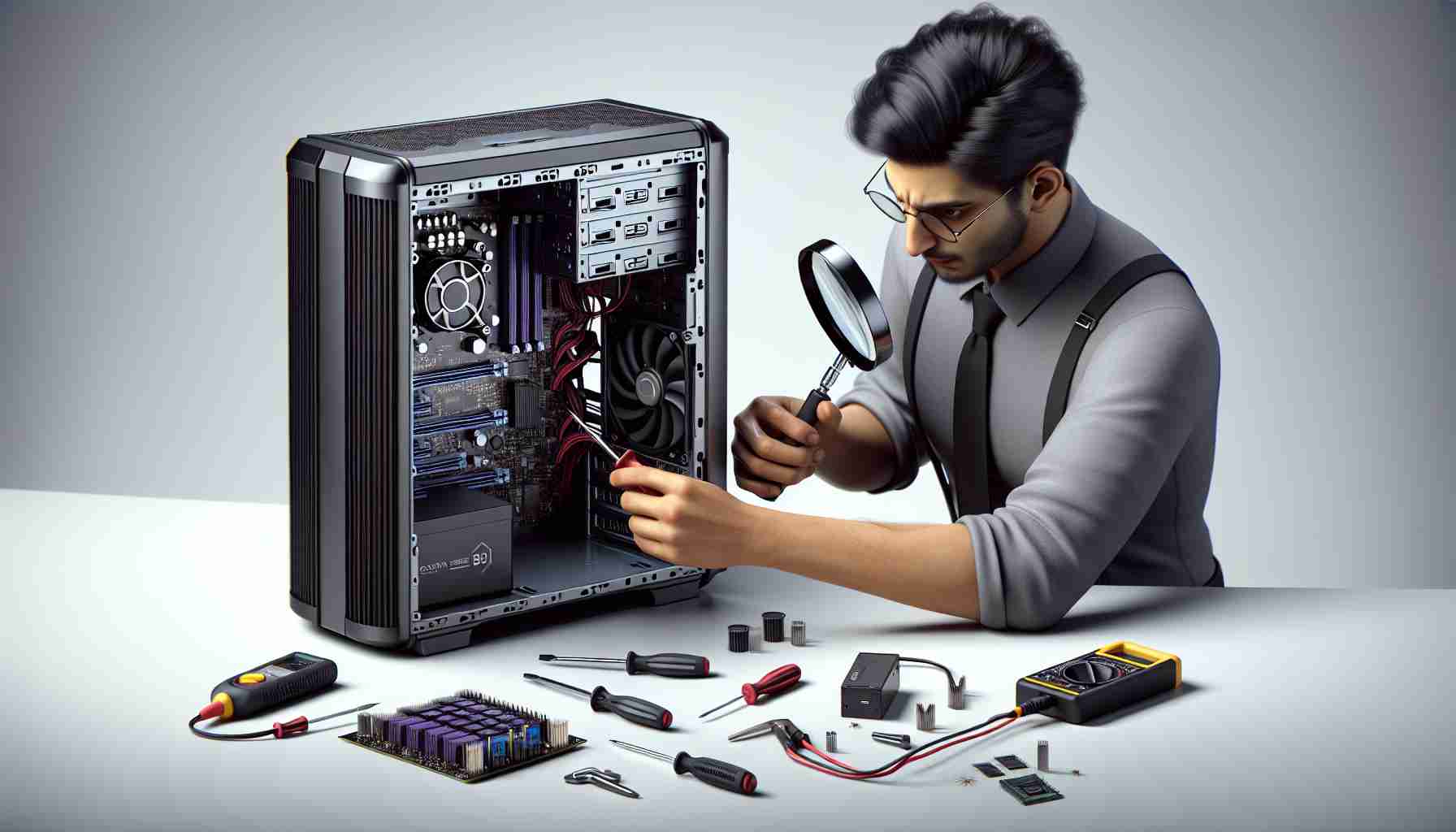 High-definition, realistic rendering of a person with South Asian descent and male in gender, inspecting and troubleshooting a generic black cylindrical desktop computer inspired by the design philosophy of early 2010s. He is using various tools like screwdrivers, magnifying glass, and multimeter. The hardware components, including the motherboard, RAM, hard drive, and processor should be clearly visible.