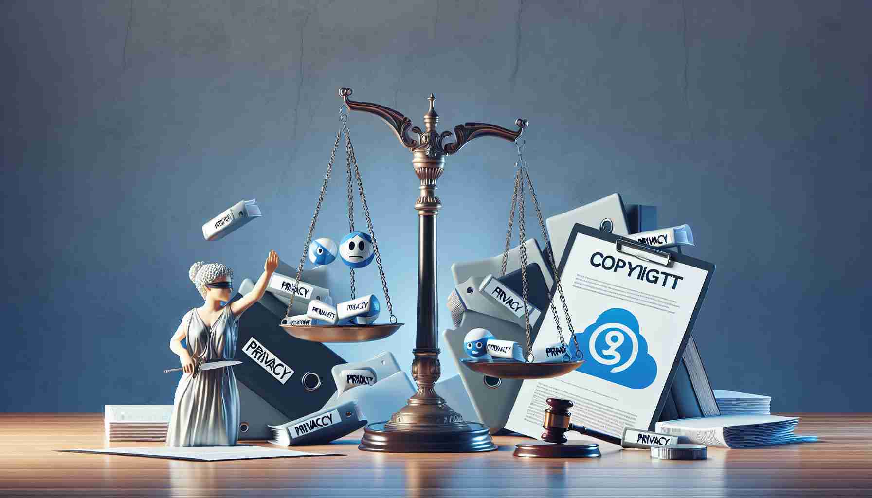 An image depicting a symbolized legal confrontation about user privacy and copyright dispute related to a popular chat platform. This scene includes a visual metaphor of a weight scale held by Lady Justice, slightly tipped on one side to demonstrate an imbalance. On one side of the scale, there are files with 'Privacy' written, and on the other side, a copyright symbol to signify the dispute. The banner headline reads 'Chat Platform Faces Legal Pressure Over User Privacy Amid Copyright Dispute'. Emphasize the realism and the high-definition quality of the image.