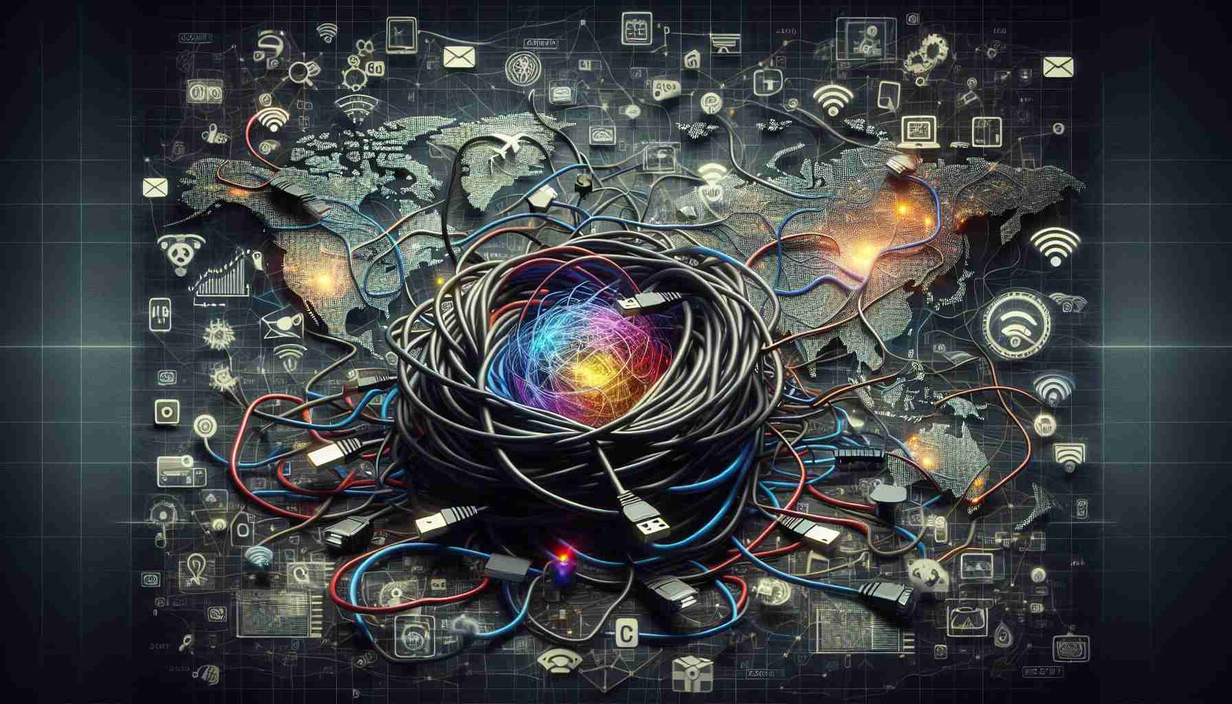 A hyper-realistic, high-definition image illustrating the complex nature of today's connectivity challenges, featuring intertwined and tangled Ethernet cables, a maze-like network diagram, and symbols representing various communication technologies like smartphones, Wi-Fi signals, and social networking icons, all superimposed on a world map background to imply global scale.