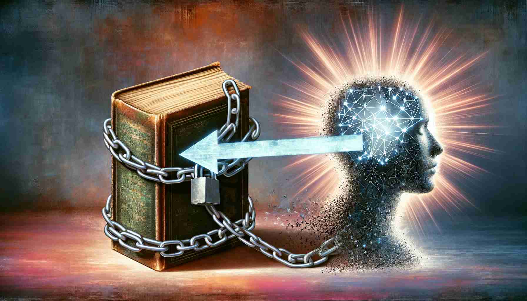 A High definition image portraying an abstract concept. On one side of the image visualize a traditional book to represent copyright, wrapped in chains to symbolize restriction. On the opposite side imagine an artificial intelligence (AI) symbol: a robot's head, emanating light rays, demonstrating the idea of AI development. Between the two, illustrate a large arrow moving from the book towards the AI, showing the 'Opt-Out' process. Apply a slightly muted color palette with lots of depth and detail in texture to give a realistic effect.