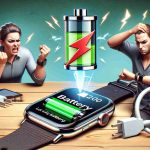 A high-definition realistic image depicting a situation where issues related to battery life are troubling the users of a popular smartwatch brand after a software update. The picture can show visually frustrated users observing the quick battery drain on their device screens. The smartwatch could be placed on a desk next to a charging cord, signifying constant need of charging, and could also display a low-battery icon.