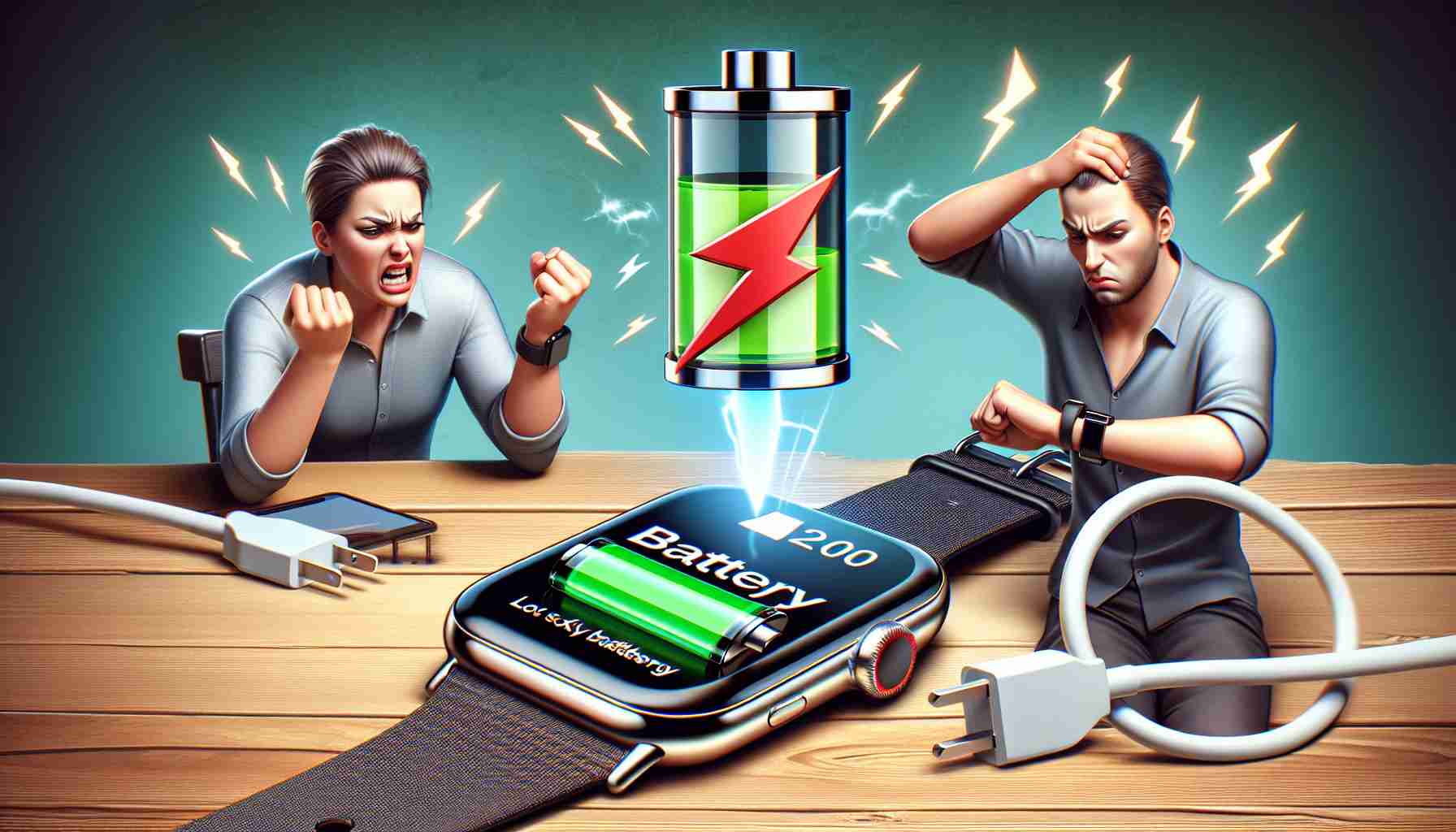 A high-definition realistic image depicting a situation where issues related to battery life are troubling the users of a popular smartwatch brand after a software update. The picture can show visually frustrated users observing the quick battery drain on their device screens. The smartwatch could be placed on a desk next to a charging cord, signifying constant need of charging, and could also display a low-battery icon.