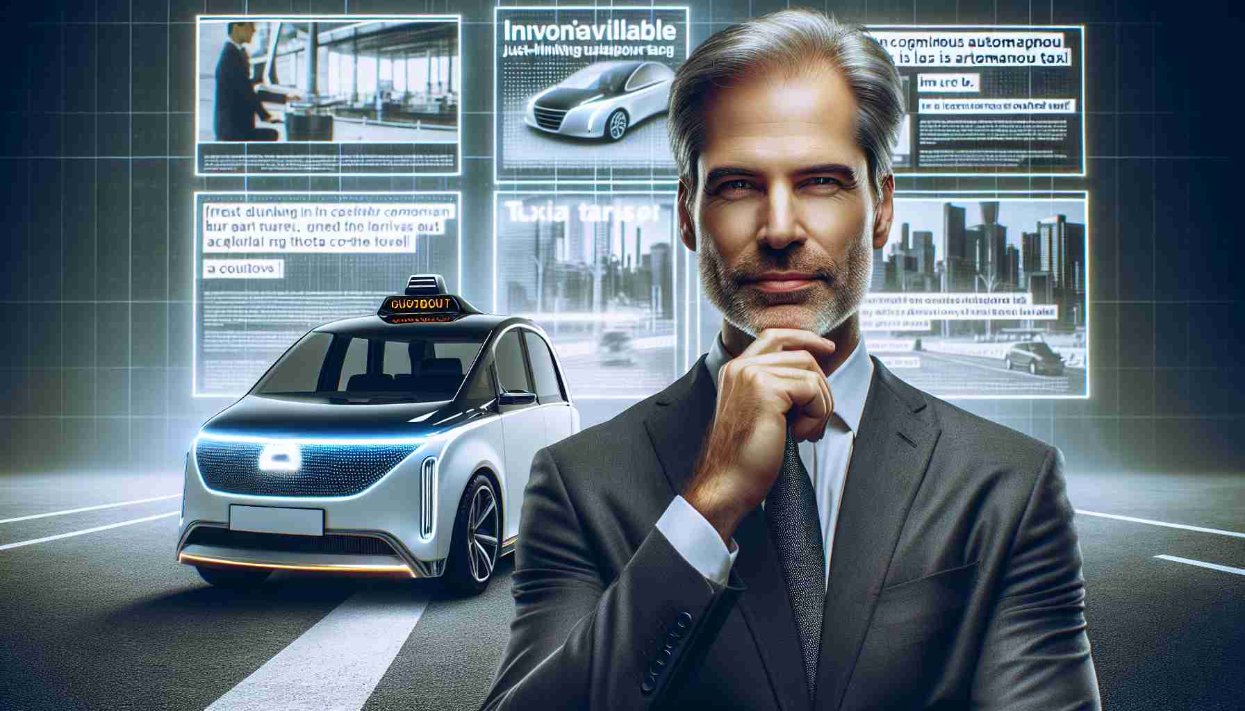 Generate an image of a middle-aged Caucasian businessman, with an innovative thinking expression, standing in front of a just-launched, futuristic-looking autonomous taxi, with headlines on viewscreen billboards in the background hinting at a controversial legal scenario. The businessman should not be identifiable as a real person.