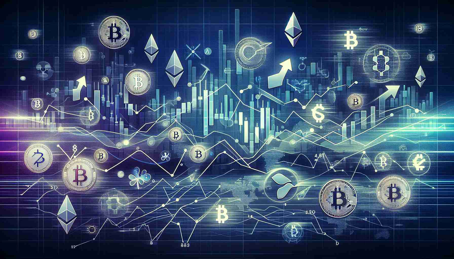 Visualize a metaphorical graphic illustration of a dynamic shift in the cryptocurrency market. Portray fluctuating graphs and charts, symbols associated with various cryptocurrencies such as Bitcoin, Ethereum, and Ripple, and arrows indicating upward and downward movements. This image should represent the inherent volatility and unpredictable nature of the cryptocurrency market, with all elements rendered realistically in high definition.