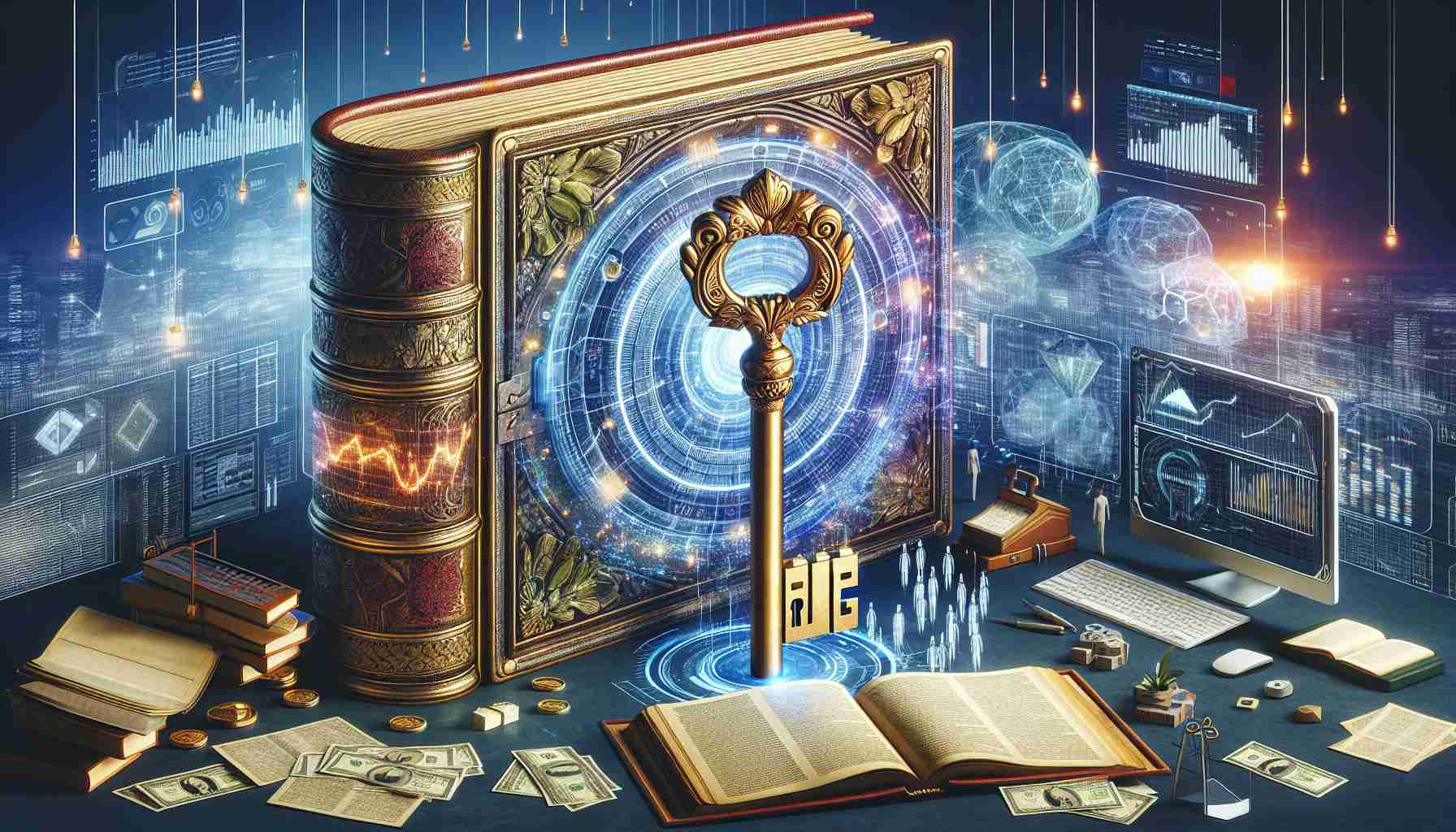 An image representing the concept 'Unlocking Profit Potential: The Future of Trading Strategies Revealed'. Visualize a metaphorical scene where an ornate golden key is turning in the lock of a giant ledger book symbolizing traditional trading strategies. High-tech elements like futuristic charts, holographic graphs, and complex algorithms shroud the surroundings, symbolizing advanced trading strategies of the future. This scene is set in an office environment filled with additional materials and tools related to trading strategies, such as computers, newspapers, and financial books. The picture should also possess a realistic HD quality.