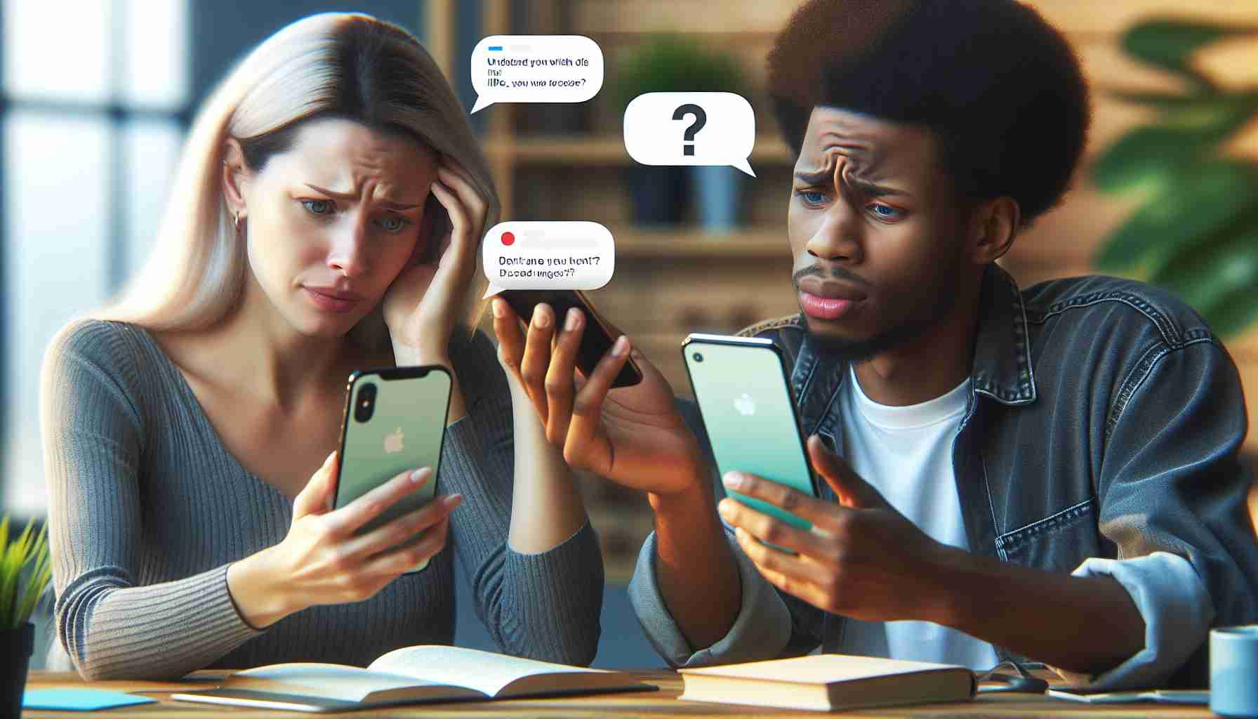 Generate a high-definition, realistic image that illustrates the concept of 'Understanding RCS Messaging Discrepancies Between iPhone and Android Users'. This could include two people, one Caucasian woman using an iPhone and one Black man using an Android device, trying to communicate with each other via RCS messaging but facing issues due to discrepancies in the platforms. They are in a modern environment with smartphones, screens displaying different messages on the phone screens, and puzzled expressions.