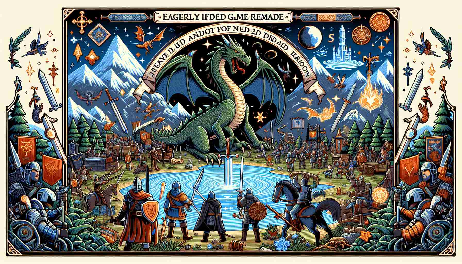 Illustration of an eagerly awaited game remake in HD-2D format. The game revolves around an epic adventure featuring brave heroes embarking on a mission against a menacing dragon. It should reflect elements of medieval fantasy including enchanted weaponry, skilled warriors, magical spells, and the symbol of the dragon looming over the world. It's a compelling journey filled with quests, mythical creatures, mystic lands, noble heroes, and iconic battles, which has been artfully transformed into a vibrant and detailed 2D environment.