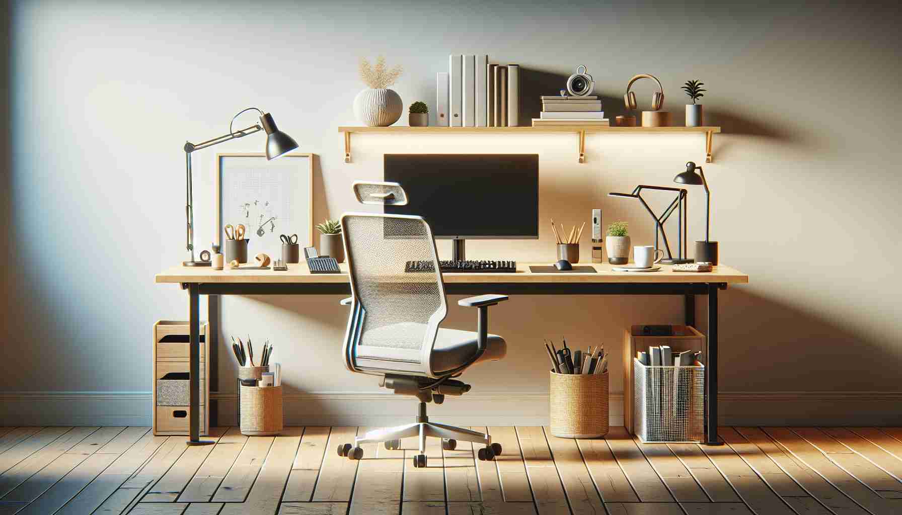 Generate a high-definition, realistic image of a scene in which a desk is subjected to what is described as the 'Ultimate Comfort Test'. This might include elements such as a comfortable chair, ergonomic keyboard and mouse, a monitor at the appropriate eye level, pleasant lighting, neatly organized office accessories, and perhaps a coffee mug or a plant for added comfort and aesthetics.