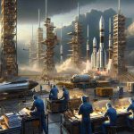 High-definition, realistic illustration of a space company's daily launch operations, focusing on the impressive technology and infrastructure involved. The scene encapsulates busy action with technicians, possibly of various descents like Caucasian, Asian, Hispanic, and Black, actively working around rocket vehicles. Regulatory challenges are symbolically depicted with a wall of documents and legal papers. The moody sky overhead suggests an undercurrent of tension, fitting the metaphor of defending against challenges. Note, any logos or direct references to a specific real-world company are to be avoided - the focus here is the drama and the universal aspects of space exploration.