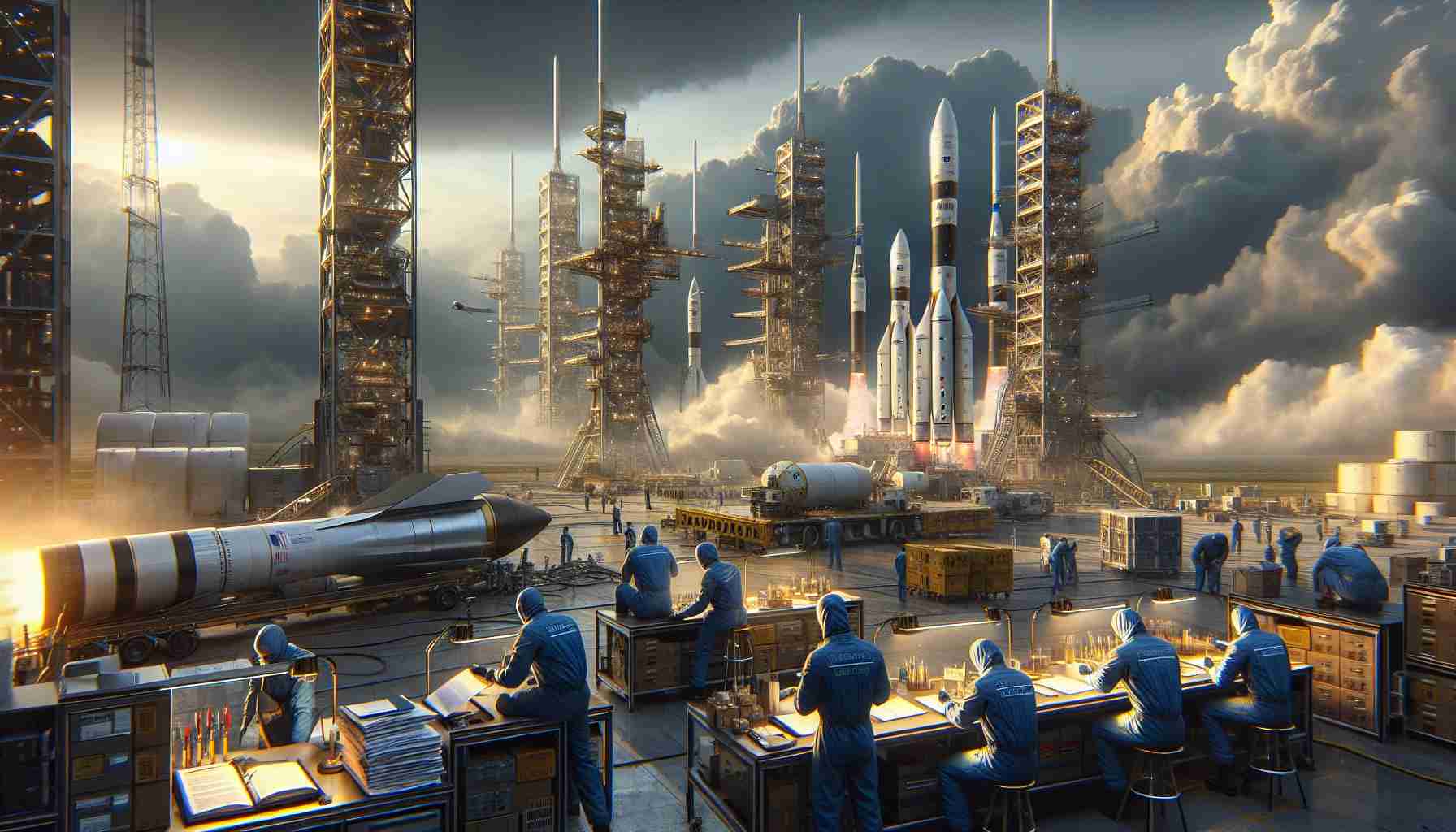 High-definition, realistic illustration of a space company's daily launch operations, focusing on the impressive technology and infrastructure involved. The scene encapsulates busy action with technicians, possibly of various descents like Caucasian, Asian, Hispanic, and Black, actively working around rocket vehicles. Regulatory challenges are symbolically depicted with a wall of documents and legal papers. The moody sky overhead suggests an undercurrent of tension, fitting the metaphor of defending against challenges. Note, any logos or direct references to a specific real-world company are to be avoided - the focus here is the drama and the universal aspects of space exploration.