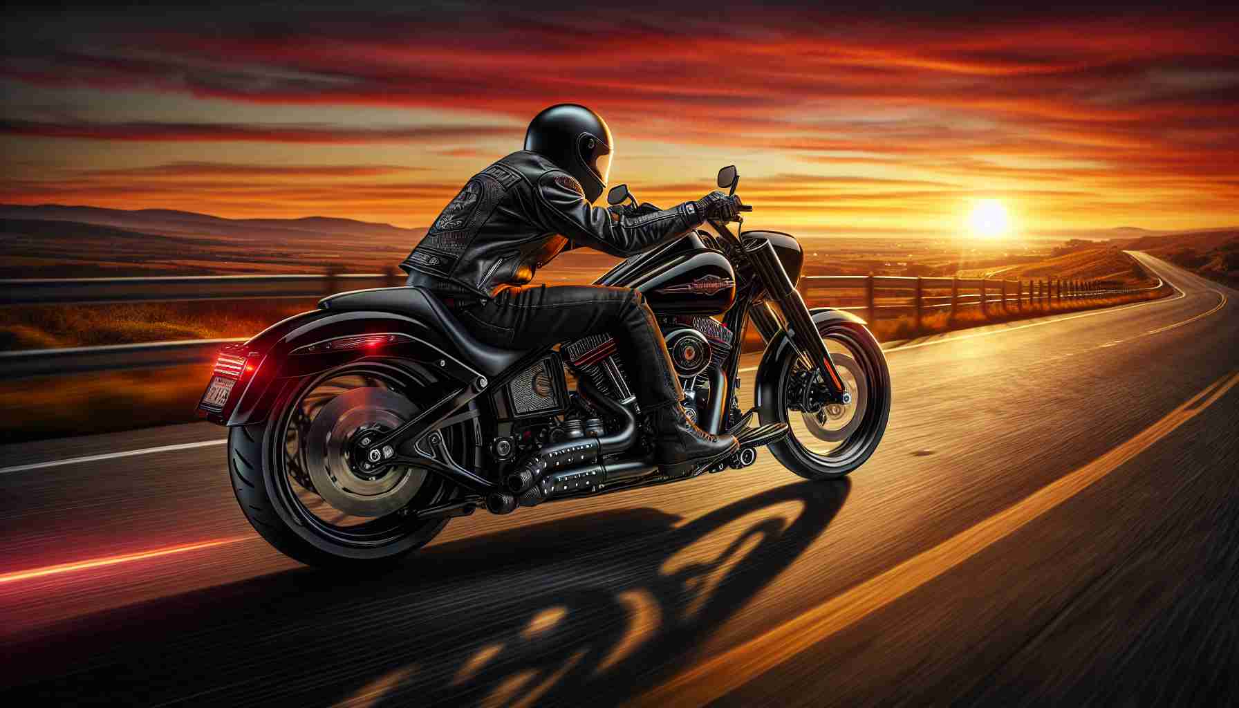 Craft a realistic, high-definition image that depicts an enhanced experience of riding a Harley-Davidson motorcycle. Picture a modern-style Harley-Davidson in shiny black, roaring down an empty highway with a beautiful sunset panorama filling the horizon. Adorn the motorcycle with custom-made details like a comfortable leather saddle, enhanced suspension for smoother rides, and futuristic LED headlights for a clearer night vision. Include a rider suited in a classic leather jacket and helmet, having the time of his life enjoying the freeing sensation of the ride. Note: The rider can be of any gender and descent.