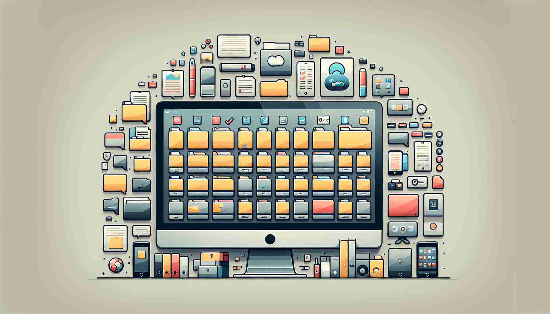 Illustrate a high-definition, realistic picture showcasing an organized computer desktop. Depict clearly labelled folders arranged neatly and methodically, perhaps in a grid or other tidy formation. Also, include icons for multiple commonly used applications which are also organized in a non-chaotic fashion. The computer desktop can be set against a calm, neutral wallpaper, demonstrating a serene and clutter-free digital environment.