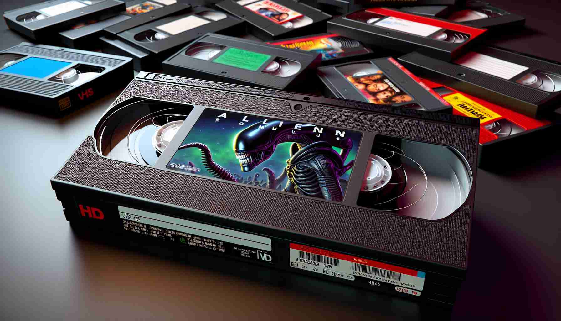 An HD realistic representation of a phenomenon where VHS tapes are making a surprising comeback. One of the tapes prominently displayed in the image has the title 'Alien: Romulus'. The tape cover should be intriguing and futuristic, hinting at a science fiction story involving extraterrestrial beings from a place named Romulus. There are other tapes in the background, indicating a wide array of different movies and genres making a comeback in VHS format.