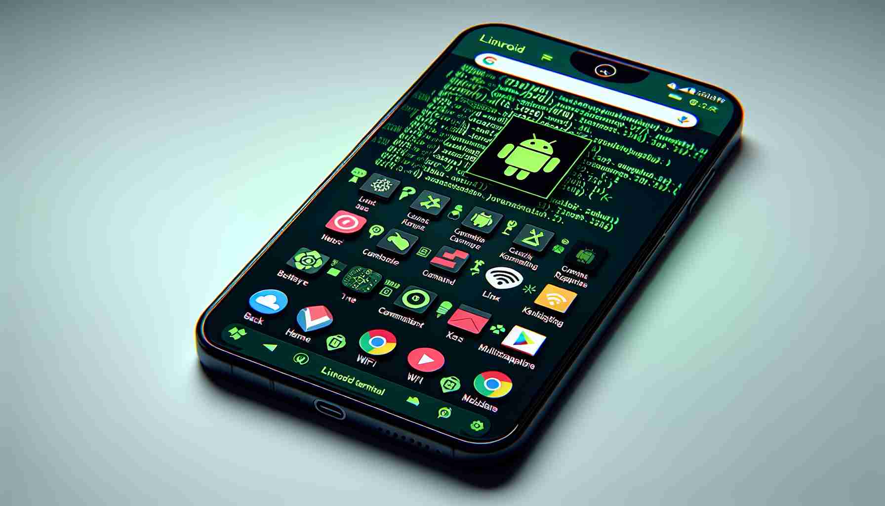 High-definition image of a smartphone screen showcasing a new Android Terminal application, designed for integration with Linux. To signify its purpose, the app's interface includes distinct Linux command-line elements and symbols such as a green font on a black background, command prompt and Linux kernel version details. Additionally, to demonstrate its link to Android, the phone's notification bar — with its battery, wifi, and time icons — are clearly visible, and the back, home, and multitasking buttons are displayed at the bottom of the screen.