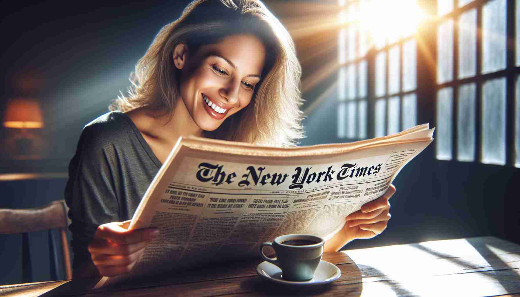 Create a vivid, realistic, high-definition image of a person engrossed in reading 'The New York Times'. They are seated at a wooden table with a cup of freshly brewed coffee next to them. Their eyes light up as they keenly peruse through the newspaper, clearly engrossed in the enlightening stories. The atmosphere exudes a strong sense of joy and contentment. A bright morning sun shines through the window, casting a warm glow on the scene.