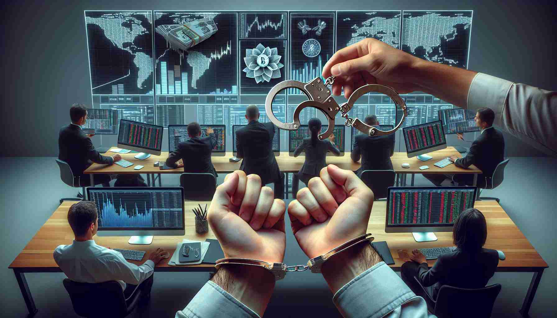 High-resolution, realistic image of a significant event where U.S. authorities bust a major cryptocurrency market manipulation scheme. The scenario includes law enforcement officers working diligently on computers, analyzing complex data with charts and graphs on multiple screens. Additionally, depict the placing of handcuffs on the wrists of a person symbolizing the 'arrest' of the masterminds behind the manipulation. Ensure the photo captures the seriousness and intensity of such an operation.