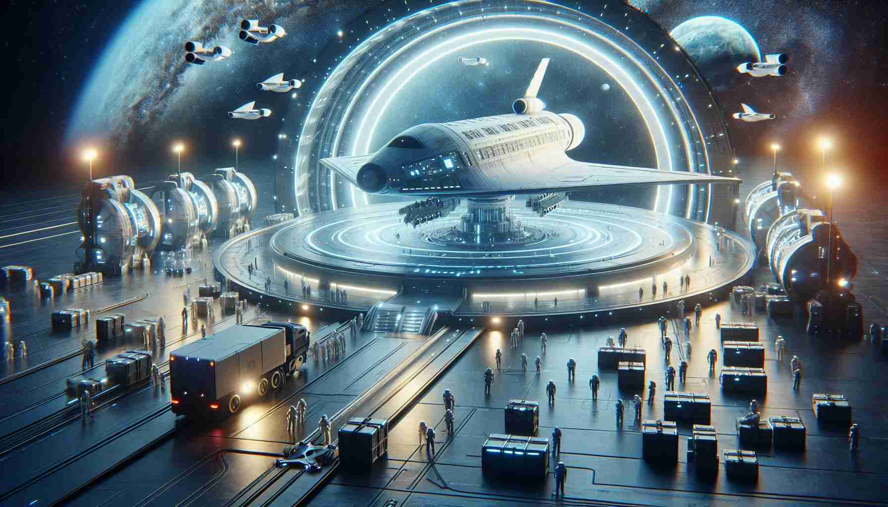 Create a high-quality, realistic image showcasing the ambitious plans for Starship recovery by a private space exploration company. The scene should depict a futuristic aesthetic, with a starship in focus, potentially including aspects like a landing pad, crew preparations, or a recovery vehicle.