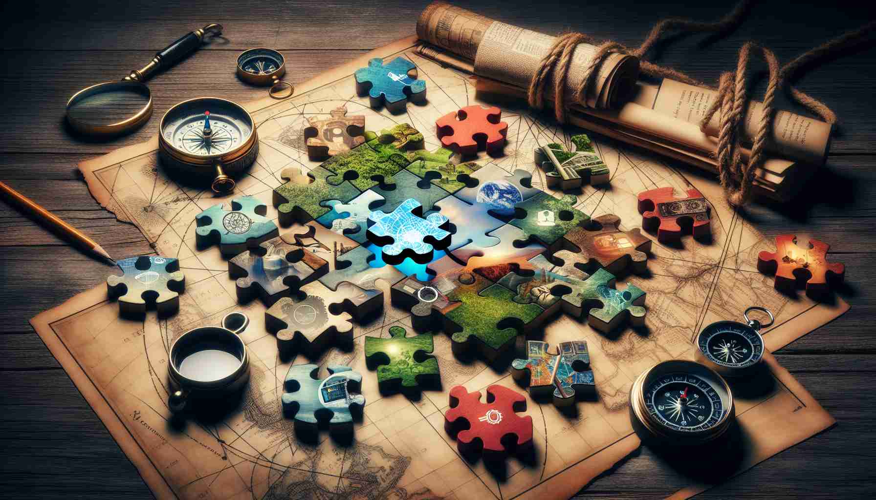 An HD photo that symbolises the concept of connections through the lens of a puzzle adventure. A collection of assorted puzzle pieces, each representing different aspects, like technology, nature, knowledge, and human interaction. A central puzzle piece being added, symbolising the action of exploration. Surrounding this scene, other elements of a traditional adventure, such as a compass and an old map, add depth to the picture.