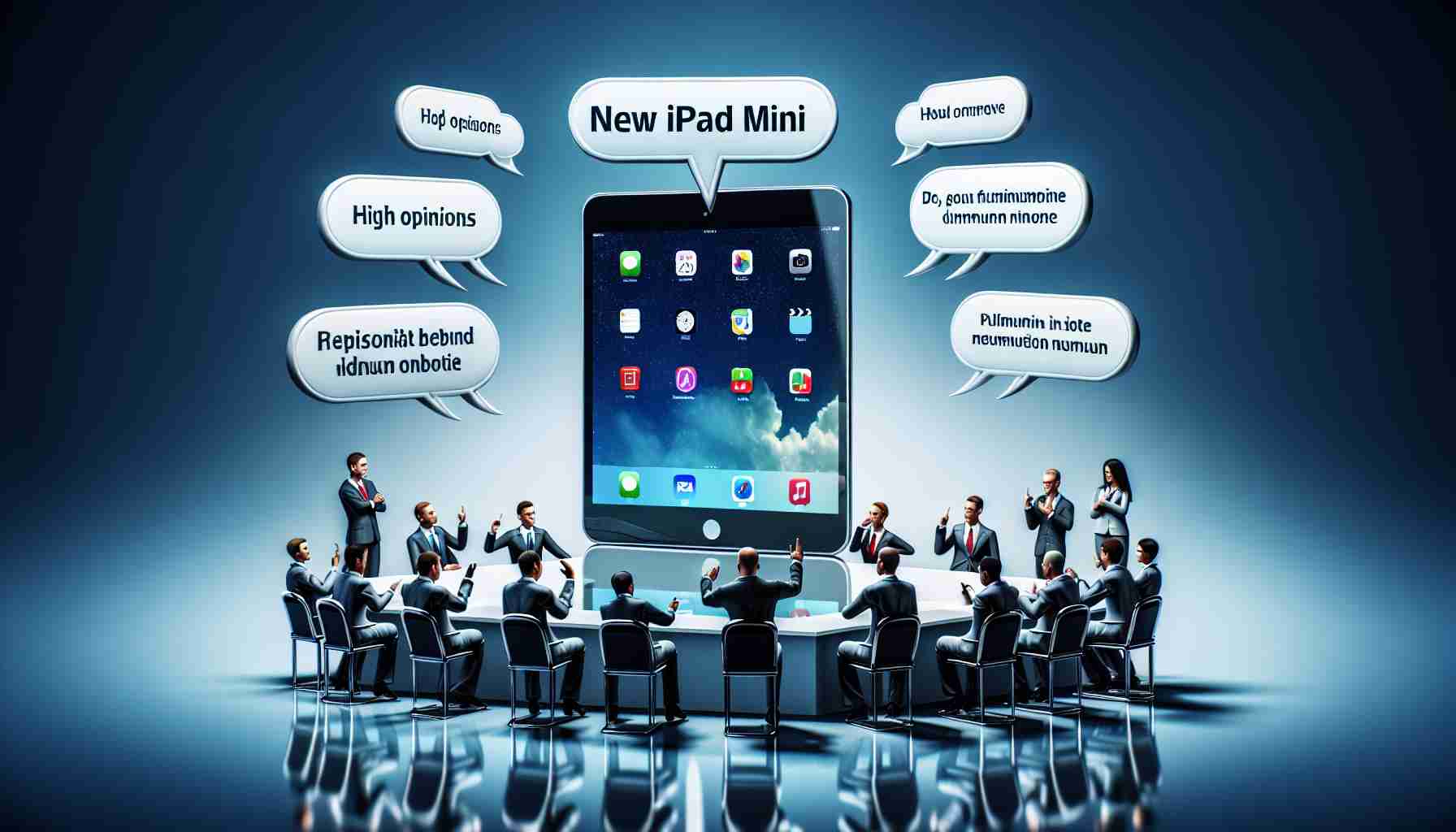 Realistic HD image of a new, sleekly designed iPad Mini amidst a debate setting, with professionals dressed in formal attire discussing its merits. Show various opinions about the device by creating visual cues around them such as thought bubbles filled with short positive and negative comments about the iPad Mini. The overall ambiance should hint at a technical debate.