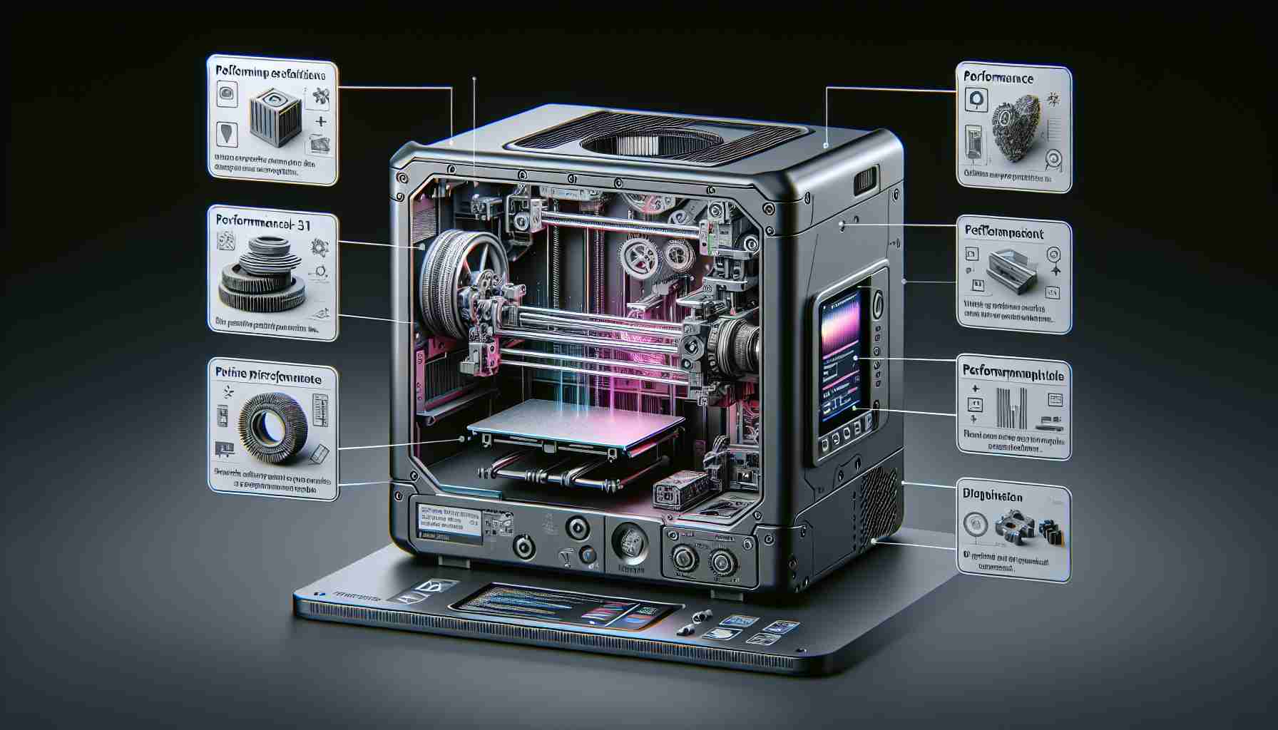 A high-definition, realistic image showcasing the subject of 3D printer performance. There is a 3D printer, open, revealing its internal mechanics, with detailed and highlighted sections that signify performance-enhancing components. Accompanying arrows and labels point towards these sections, providing brief explanations. An optional layer of graphics could be overlaid, symbolizing technical specifications or proprietary data related to 3D printer performance. This is part of a visual guide titled 'Unlocking the Secrets of 3D Printer Performance: What You Need to Know'.