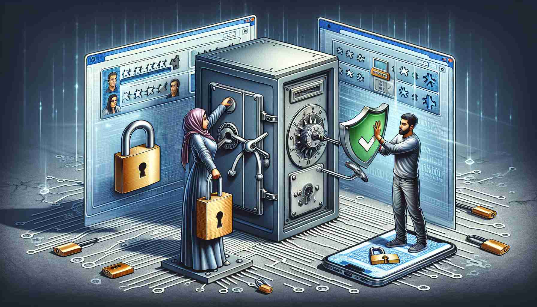 A detailed, high-definition illustration of a visual metaphor for choosing the best password manager for enhancing personal digital security. The scene could include elements such as a sturdy safe or vault representing the password manager, padlocks and digital keys symbolizing individual passwords, and a shield signifying optimal security. Perhaps an individual is shown in the act of comparing different safes (password managers). The individual could be a Middle-Eastern woman, who is very tech-savvy. Imbibe the design with tech-inspired aesthetics.