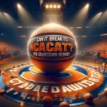 A high-definition, realistic image of a college basketball countdown concept. The image should feature a shining basketball with the textual phrase, 'Can Syracuse Break Its NCAA Drought? The Countdown Begins' emblazoned across in bold letters. The background is filled with Syracuse orange color and filled with elements that symbolize competitive sports and achievements such as a sports arena filled with fans, stage spotlights, a locker room, etc. Additionally, the image should imbibe the intense anticipation as the season countdown for Syracuse begins.