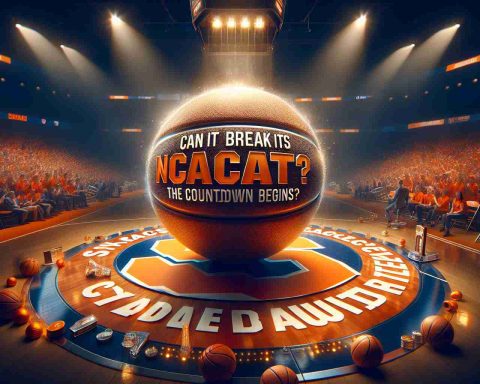 A high-definition, realistic image of a college basketball countdown concept. The image should feature a shining basketball with the textual phrase, 'Can Syracuse Break Its NCAA Drought? The Countdown Begins' emblazoned across in bold letters. The background is filled with Syracuse orange color and filled with elements that symbolize competitive sports and achievements such as a sports arena filled with fans, stage spotlights, a locker room, etc. Additionally, the image should imbibe the intense anticipation as the season countdown for Syracuse begins.