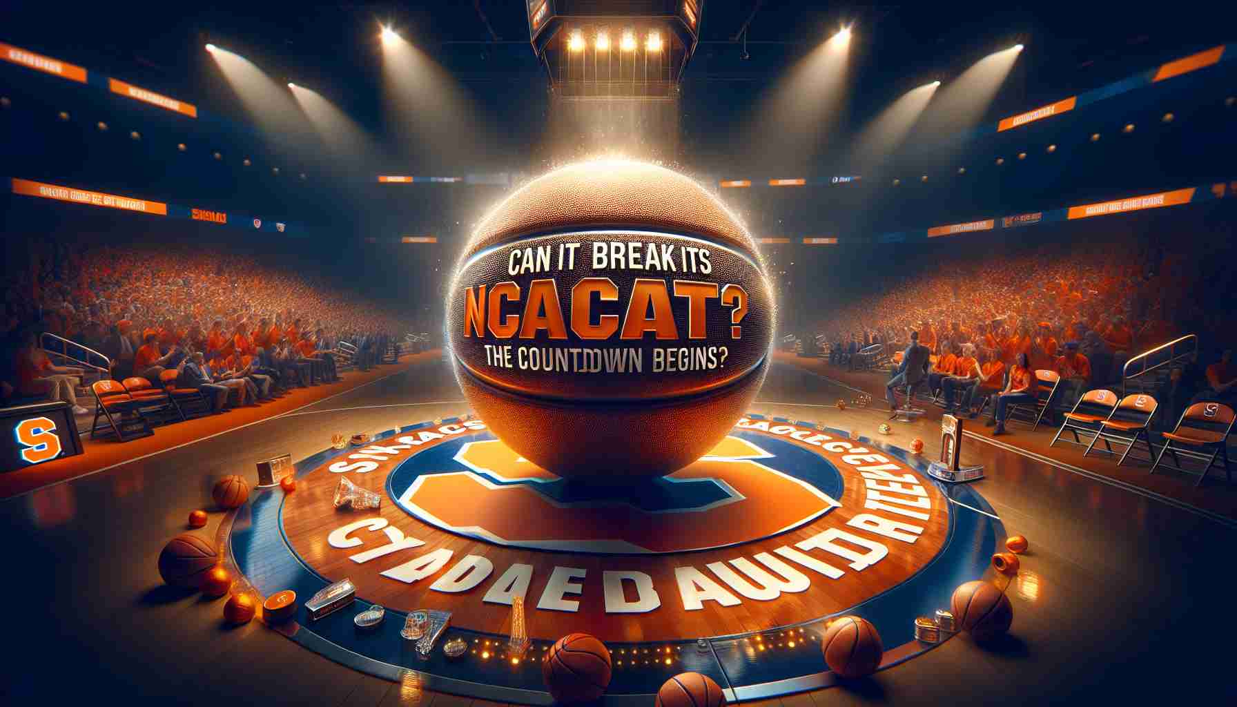 A high-definition, realistic image of a college basketball countdown concept. The image should feature a shining basketball with the textual phrase, 'Can Syracuse Break Its NCAA Drought? The Countdown Begins' emblazoned across in bold letters. The background is filled with Syracuse orange color and filled with elements that symbolize competitive sports and achievements such as a sports arena filled with fans, stage spotlights, a locker room, etc. Additionally, the image should imbibe the intense anticipation as the season countdown for Syracuse begins.