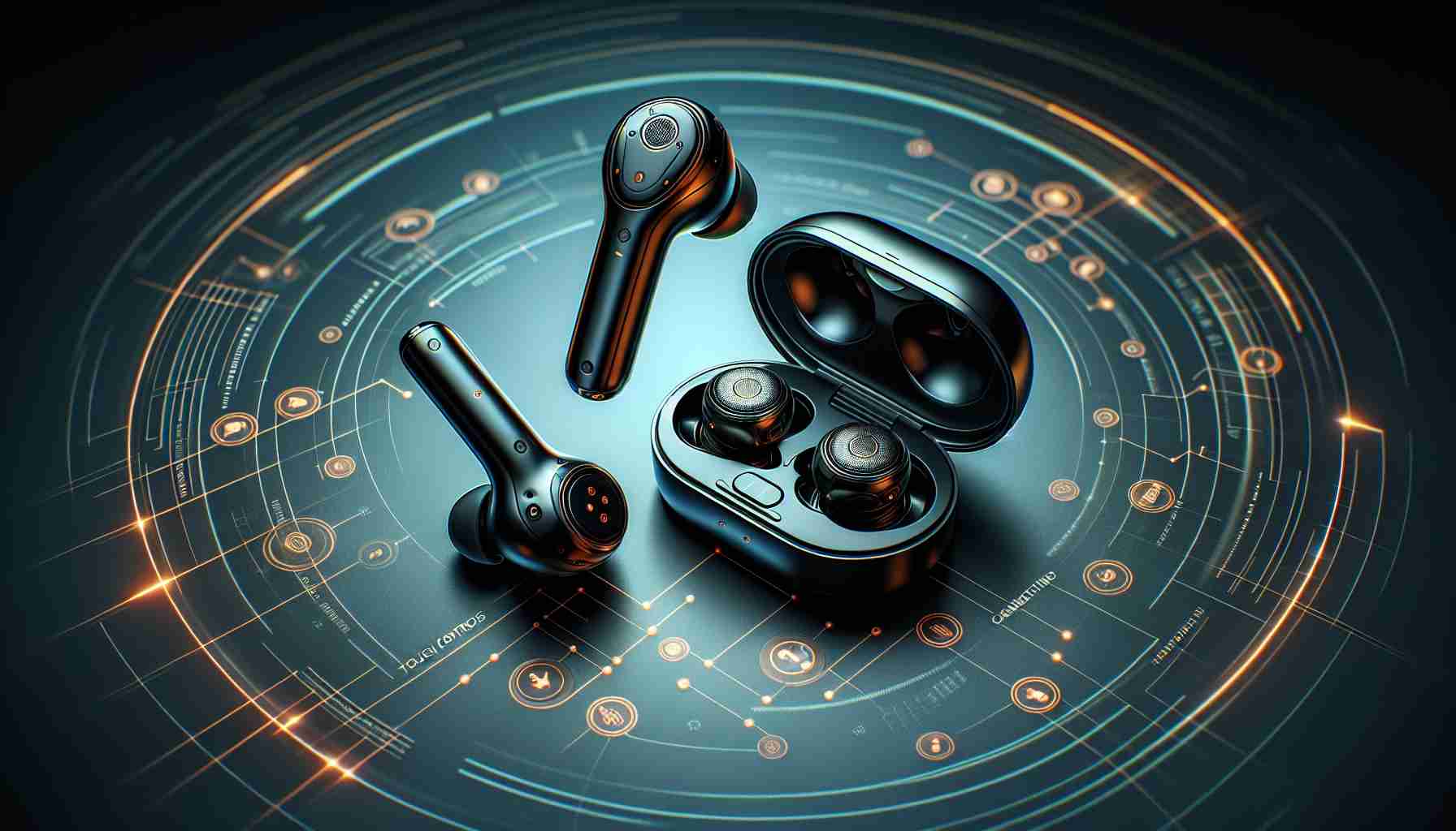 High-definition, realistic image of smart earbuds, illustrating a technological breakthrough. The smart earbuds should be elegantly designed, bearing advanced features such as touch controls, noise cancellation, and a portable charging case. They are featured prominently, with an emphasis on the compactness and the sophistication of their design, effectively highlighting their revolutionary nature in the realm of personal audio technology.