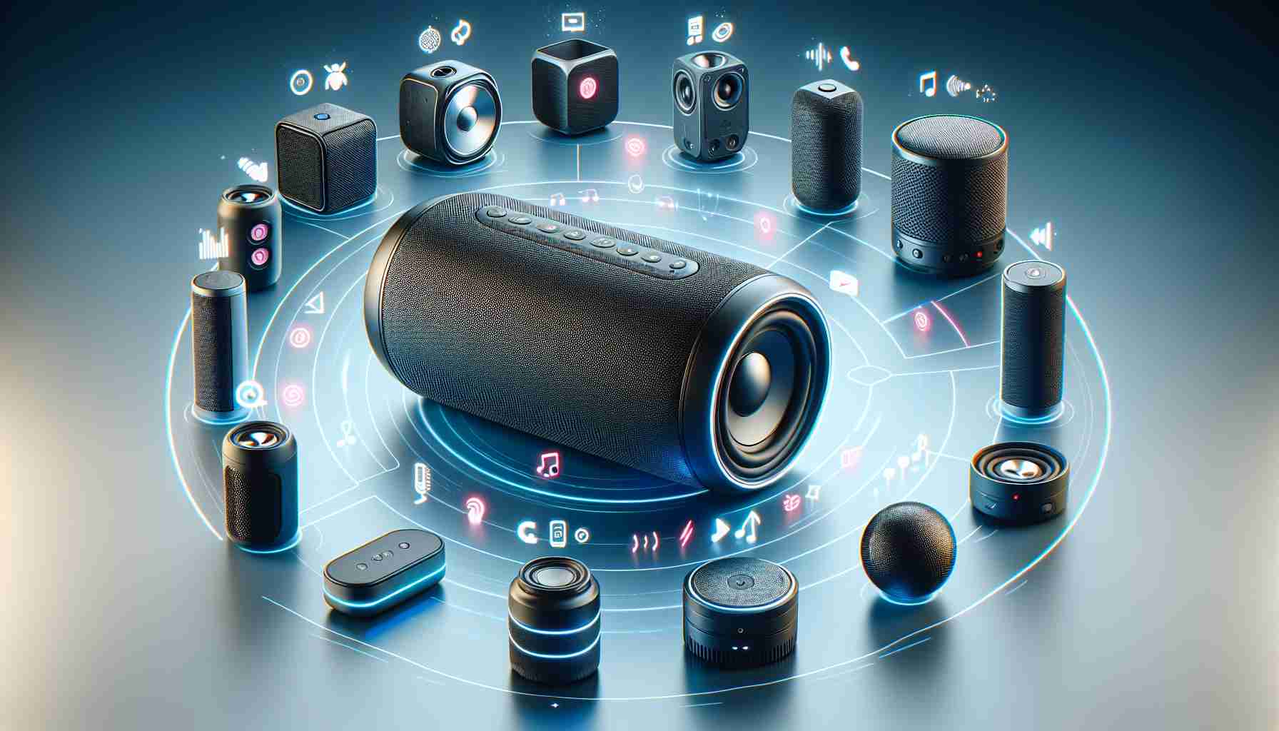 A hyper-realistic, high-definition image that highlights several of the latest Bluetooth speakers on the market. The image should showcase the different features users should consider before purchase. This could include, but are not limited to, a speaker's build quality, battery life, sound quality, water resistance, and connectivity options. Each speaker could be visually distinctive, with unique shapes, sizes, and colors. To aid in the understanding, associated visuals and icons representing these features may also be scattered around each speaker.