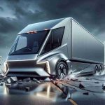 Create an HD image of an ultra-modern, silver-grey, wedge-shaped, all-electric truck which is being subjected to an unexpected event demonstrating its durability. The sleek truck, reflective with its distinctive design reminiscent of a futuristic trapezoid, should take the center stage. The surrounding scene should depict the elements of the said shocking incident, leaving evidence of the truck's toughness and resilience.