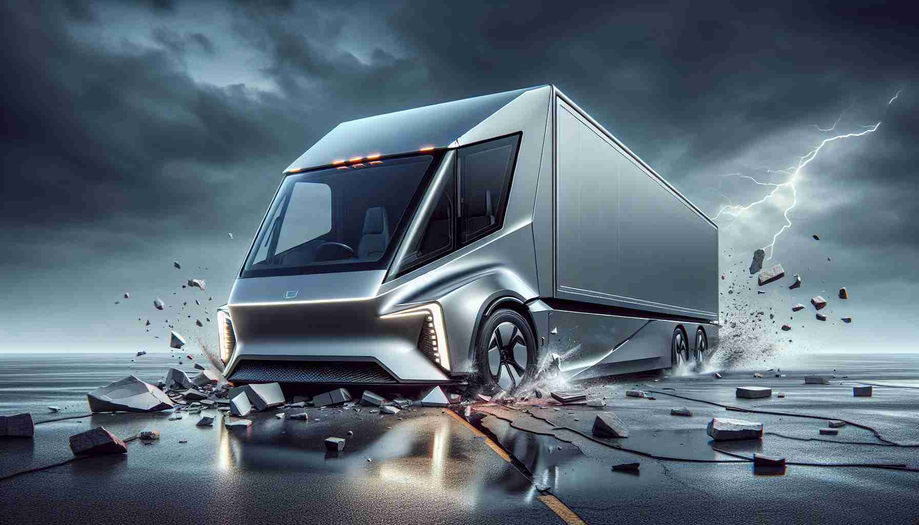 Create an HD image of an ultra-modern, silver-grey, wedge-shaped, all-electric truck which is being subjected to an unexpected event demonstrating its durability. The sleek truck, reflective with its distinctive design reminiscent of a futuristic trapezoid, should take the center stage. The surrounding scene should depict the elements of the said shocking incident, leaving evidence of the truck's toughness and resilience.