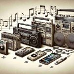 A realistic HD illustration of the evolution of portable music. Show an array of vintage and modern portable music devices beginning with an 80s boombox and progressing to Walkman, Discman and finally, an iPod. Each device is intricately detailed, emphasizing their distinctive characteristics and functionalities. Add a background featuring musical notes, symbolizing the universal love for music. Use a neutral colour palette to make the devices stand out.