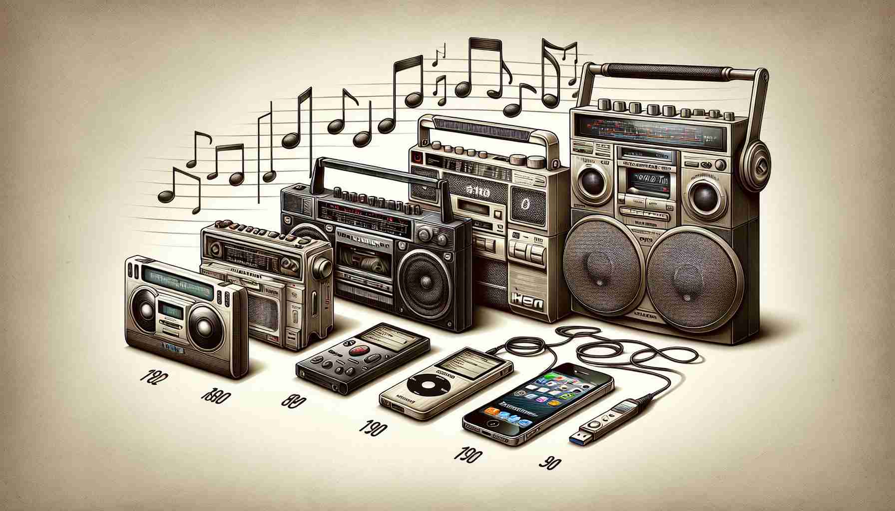 A realistic HD illustration of the evolution of portable music. Show an array of vintage and modern portable music devices beginning with an 80s boombox and progressing to Walkman, Discman and finally, an iPod. Each device is intricately detailed, emphasizing their distinctive characteristics and functionalities. Add a background featuring musical notes, symbolizing the universal love for music. Use a neutral colour palette to make the devices stand out.