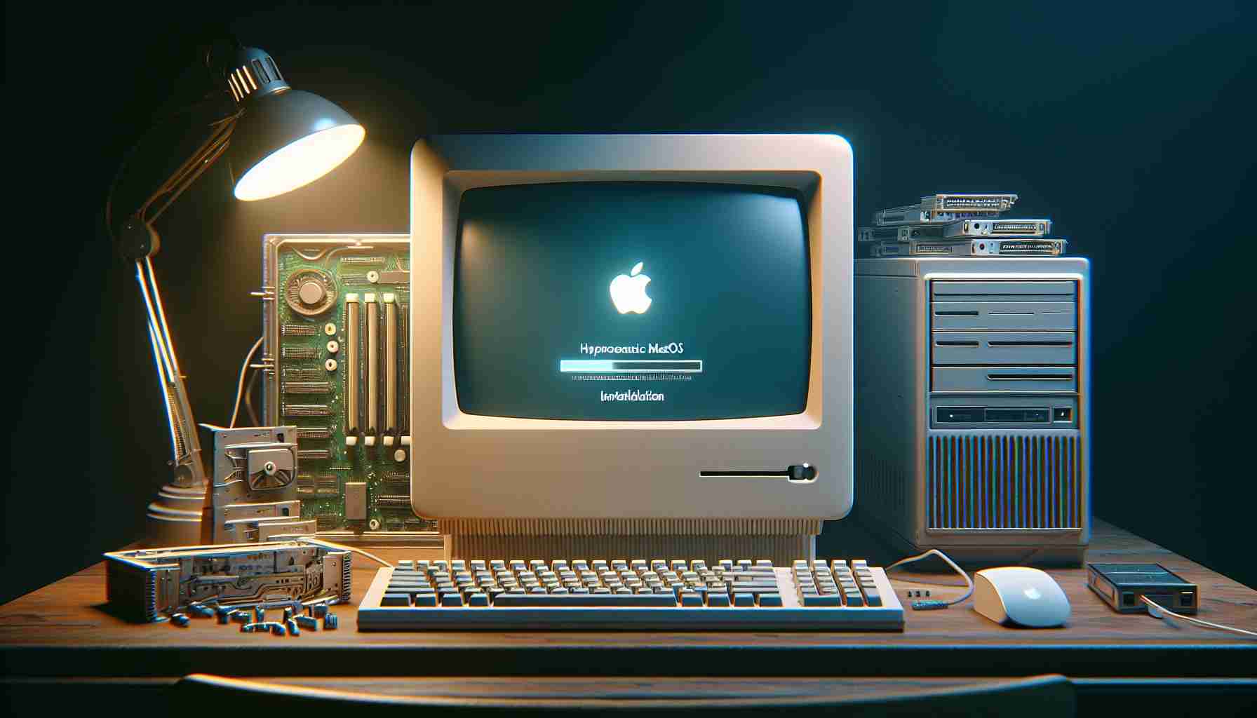 A highly detailed realistic image of an older Mac computer model on a desk, lit softly from the side. The screen displays a progressing installation bar for the hypothetical macOS Ventura. Surrounding the computer are various machine parts, suggesting the process of upgrading an older Mac model. The image highlights the contrast between antiquated technology and the vibrance of a new operating system.