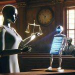 Realistic HD portrayal of the concept 'Could AI Chatbots be Held Accountable for Tragedy?' visualized through a symbolic representation. Imagine a mother standing tall in a courtroom, fighting for justice. She's holding a digital device displaying an AI chatbot, pointing to it as if it's on trial. The atmosphere in the room is heavy with tension, a scale of justice visible, representing the ongoing legal battle. The entire scene epitomizes the mother's struggle and her quest for accountability.