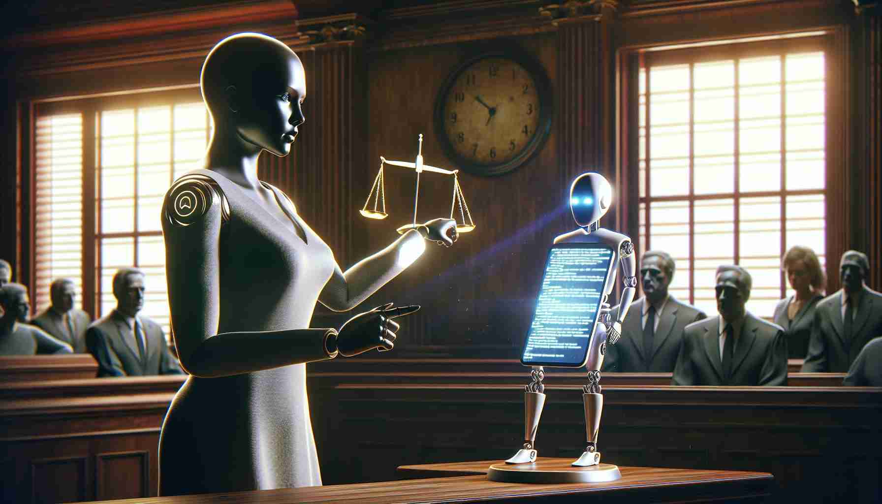 Realistic HD portrayal of the concept 'Could AI Chatbots be Held Accountable for Tragedy?' visualized through a symbolic representation. Imagine a mother standing tall in a courtroom, fighting for justice. She's holding a digital device displaying an AI chatbot, pointing to it as if it's on trial. The atmosphere in the room is heavy with tension, a scale of justice visible, representing the ongoing legal battle. The entire scene epitomizes the mother's struggle and her quest for accountability.