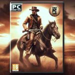 Create a realistic high-definition image of an old western-style PC game cover. It should feature a rugged cowboy, dressed in period attire complete with a cowboy hat and holstered revolver, riding his faithful horse across an expansive prairie under a vast, dusky sky. Notably, this should be the game's first arrival on PC. Make sure to place an emblem or logo denoting this transition to PC on the cover.