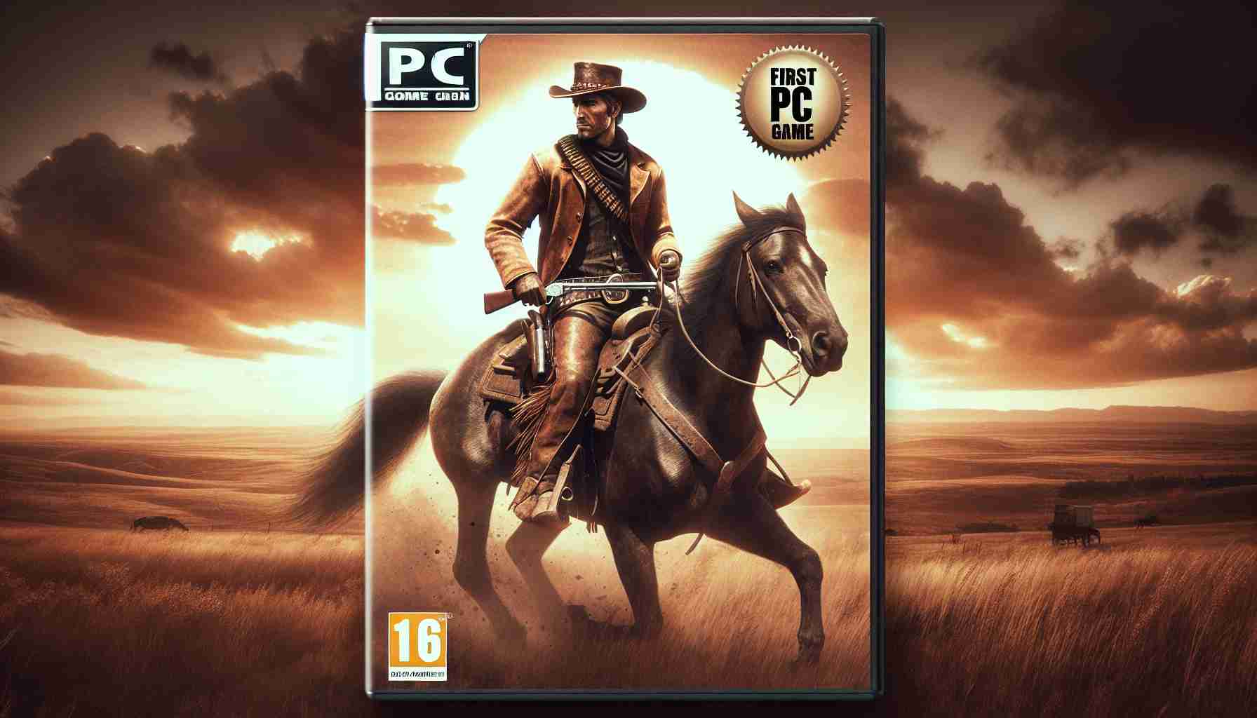 Create a realistic high-definition image of an old western-style PC game cover. It should feature a rugged cowboy, dressed in period attire complete with a cowboy hat and holstered revolver, riding his faithful horse across an expansive prairie under a vast, dusky sky. Notably, this should be the game's first arrival on PC. Make sure to place an emblem or logo denoting this transition to PC on the cover.