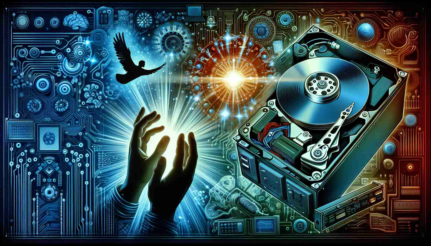 Create an HD image visualizing the concept of discovering the health status of a computer's hard drive. Include the appearance of a vibrant, detailed technologically-themed background featuring elements associated with data storage devices and their diagnostic tools. Emphasize a sense of revelation and understanding.