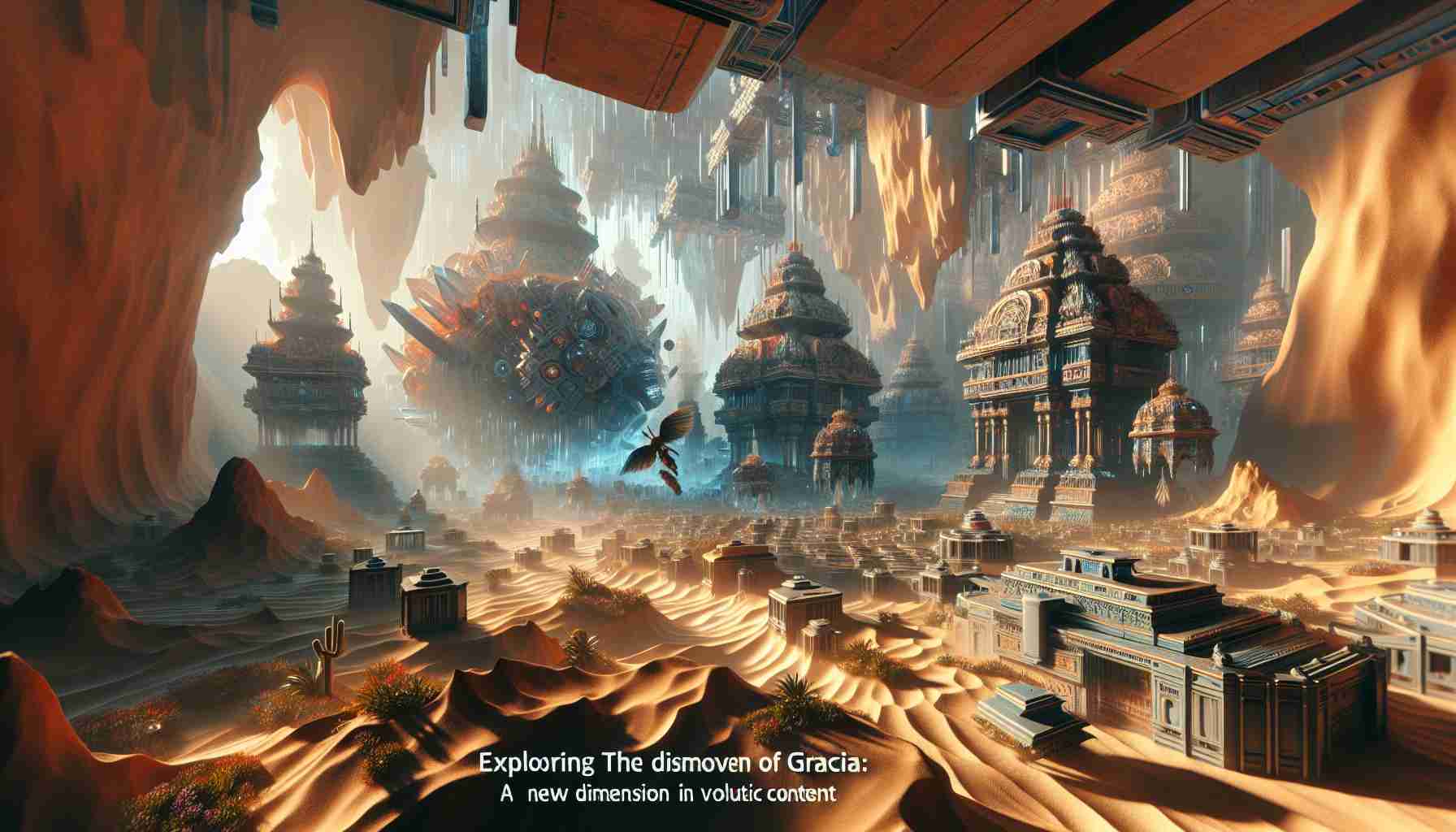 Realistic style, high-definition illustration of a scene titled 'Exploring Gracia: A New Dimension in Volumetric Content'. In this scene, we dive into the world of Gracia, an undiscovered, fantastical dimension rich in exotic landscapes and architecture. The dominating theme of the scene should be volumetric content, meaning 3D environments, creatures and artifacts that seem to project out of the surface, as if inviting the viewer to a tactile experience.